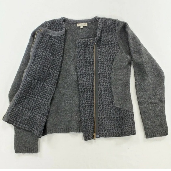 Maryline Cardigan Women L Sweater Moto Zipper Gray Black Wool Blend Mixed Media - Picture 2 of 11